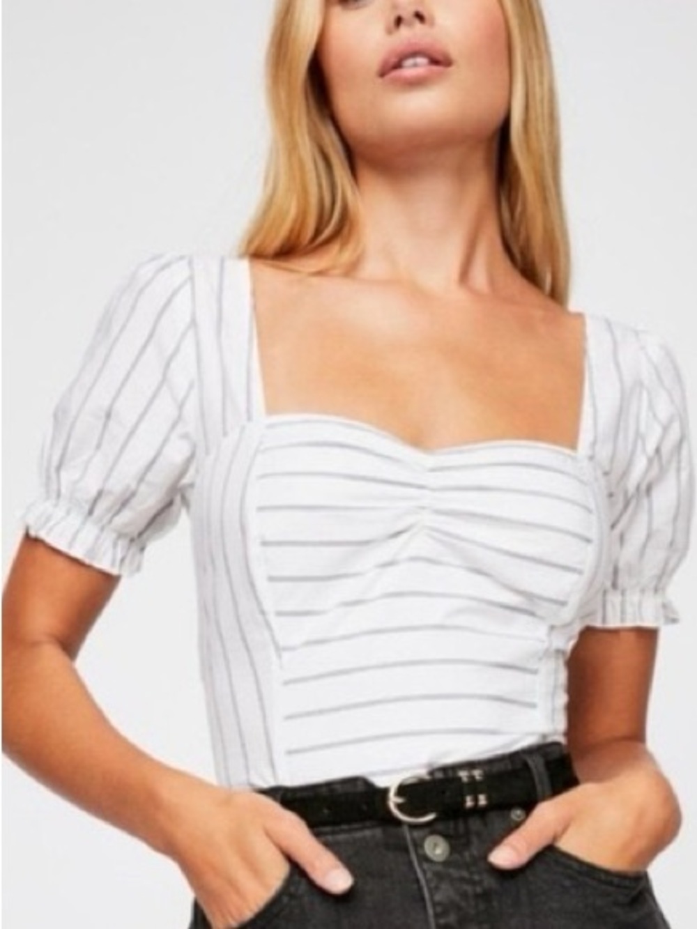 Free People White & Blue Stripe Sweetheart Puff Sleeve Top XS